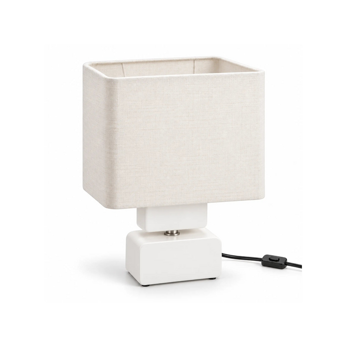 GREAT DREAM Modern Table Lamp with Rectangular Fabric Shade, White Bedside Nightstand Lamp with Inline Cord Switch for Bedroom, Living Room & Office