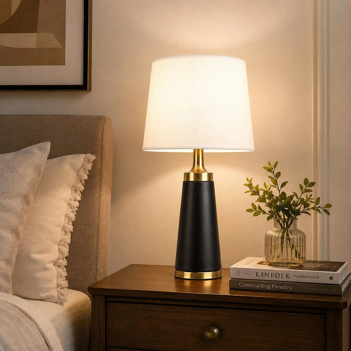 Great Dream Modern White, Black & Gold Table Lamp with LED Bulb Included, 55 cm Bedside Lamp with Premium Fabric Shade, E27 Contemporary Nightstand Lamp for Bedroom, Living Room, Office & Hotel