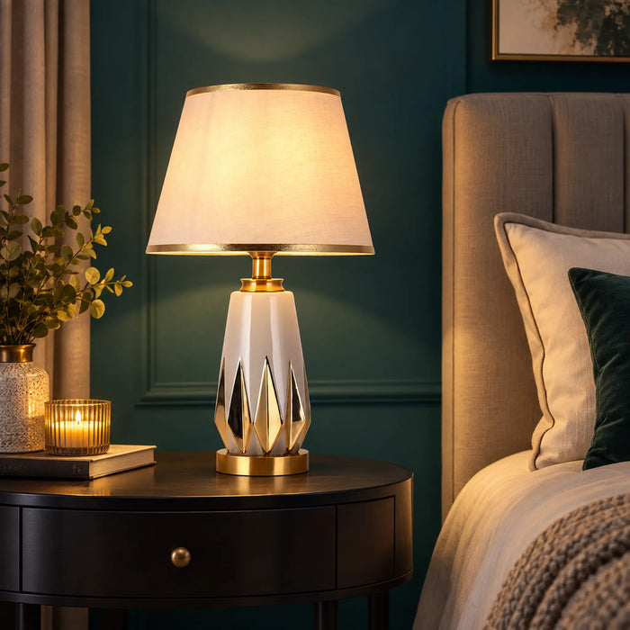 GREAT DREAM Modern White Table Lamp with Gold Accents & White Fabric Shade, Elegant Bedside Nightstand Lamp for Bedroom & Living Room