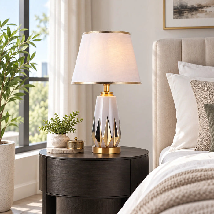 GREAT DREAM Modern White Table Lamp with Gold Accents & White Fabric Shade, Elegant Bedside Nightstand Lamp for Bedroom & Living Room