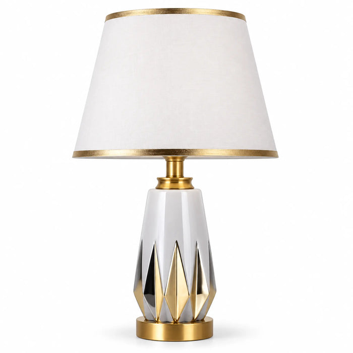 GREAT DREAM Modern White Table Lamp with Gold Accents & White Fabric Shade, Elegant Bedside Nightstand Lamp for Bedroom & Living Room