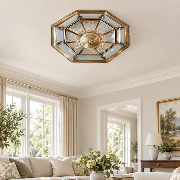Great Dream Octagonal Flush Mount Ceiling Light, Brass-Tone Finish, Beveled Textured Glass Panels, Vintage Farmhouse Ceiling Lamp, 40cm