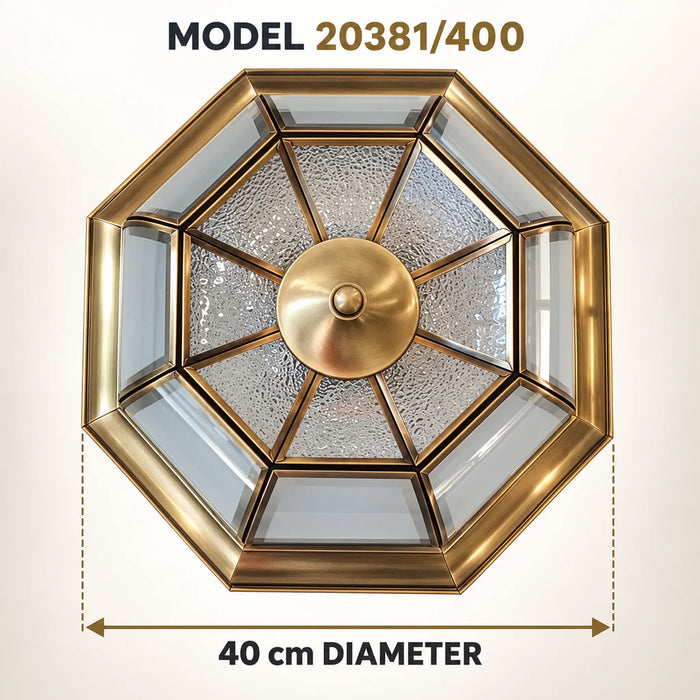 Great Dream Octagonal Flush Mount Ceiling Light, Brass-Tone Finish, Beveled Textured Glass Panels, Vintage Farmhouse Ceiling Lamp, 40cm