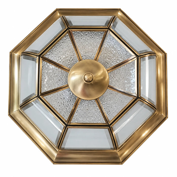 Great Dream Octagonal Flush Mount Ceiling Light, Brass-Tone Finish, Beveled Textured Glass Panels, Vintage Farmhouse Ceiling Lamp, 40cm