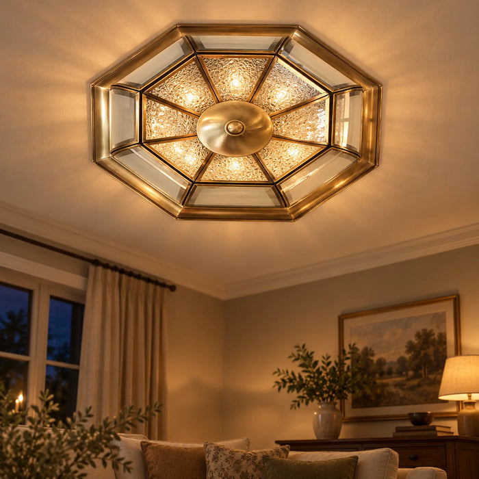 Great Dream Octagonal Flush Mount Ceiling Light, Brass-Tone Finish, Beveled Textured Glass Panels, Vintage Farmhouse Ceiling Lamp, 55cm
