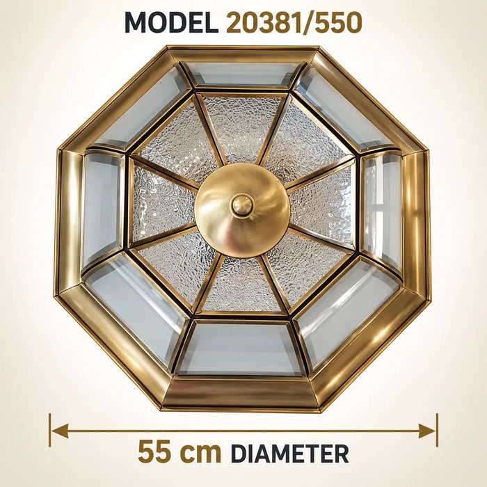 Great Dream Octagonal Flush Mount Ceiling Light, Brass-Tone Finish, Beveled Textured Glass Panels, Vintage Farmhouse Ceiling Lamp, 55cm