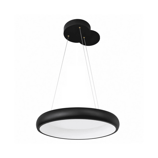A modern black circular pendant light with a white diffuser and a cloud-like dual ceiling canopy, suspended by thin cables against a solid white background.