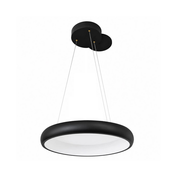A modern black circular pendant light with a white diffuser and a cloud-like dual ceiling canopy, suspended by thin cables against a solid white background.
