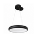 A modern black circular pendant light with a white diffuser and a cloud-like dual ceiling canopy, suspended by thin cables against a solid white background.