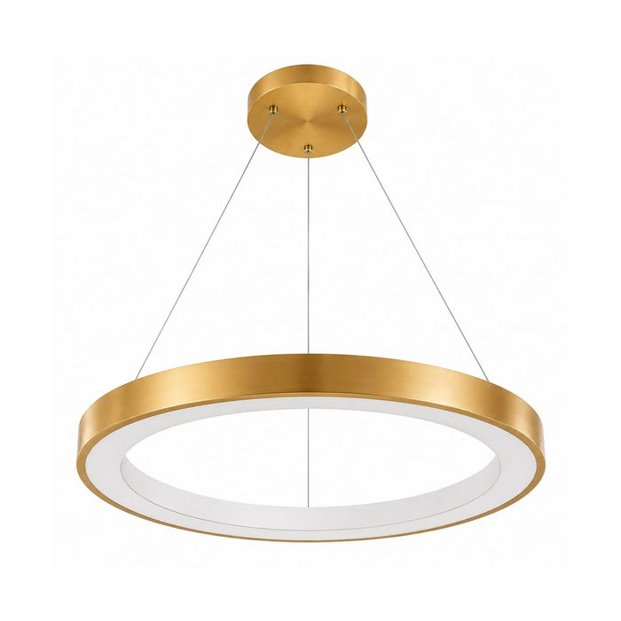 A modern circular pendant light fixture with a brushed gold metal frame and ceiling canopy, suspended by thin cables against a plain white background.