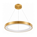 A modern circular pendant light fixture with a brushed gold metal frame and ceiling canopy, suspended by thin cables against a plain white background.