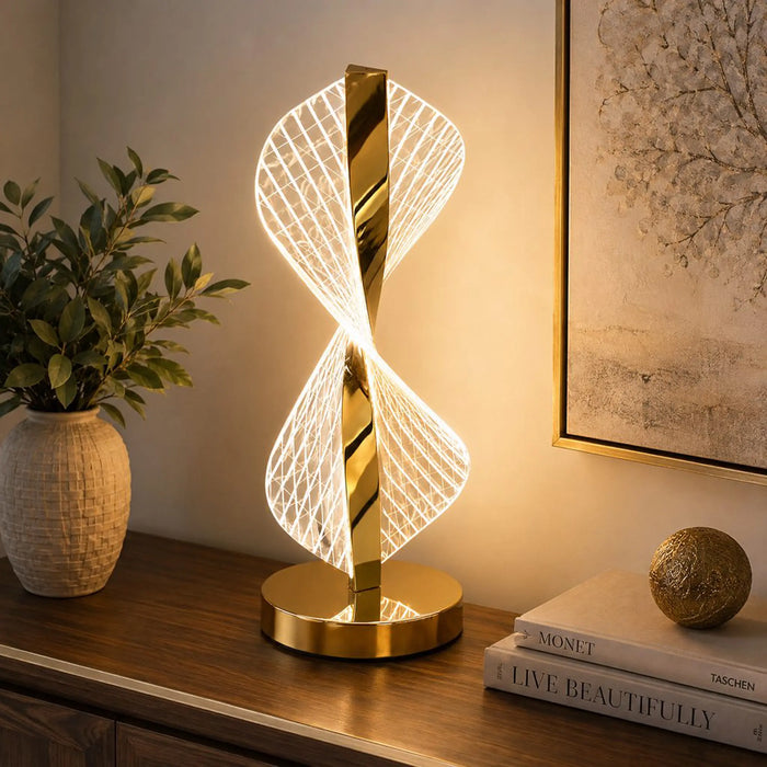 GREAT DREAM Spiral LED Table Lamp, Modern Acrylic Twist Sculpture Lamp with Gold Base, Unique Hourglass Design Nightstand Lamp for Bedroom, Living Room, Home Decor