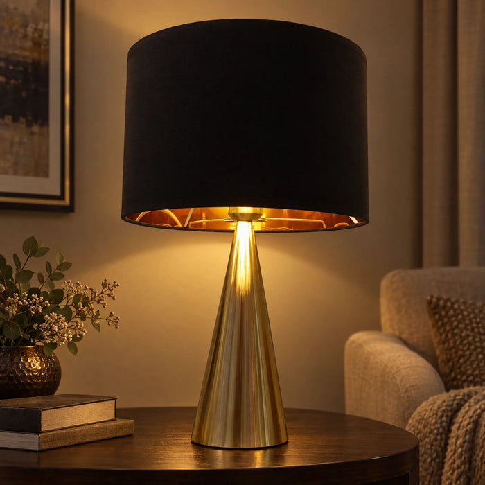 Great Dream Table Lamp Gold Cone Base Black Fabric Shade, 52 cm
