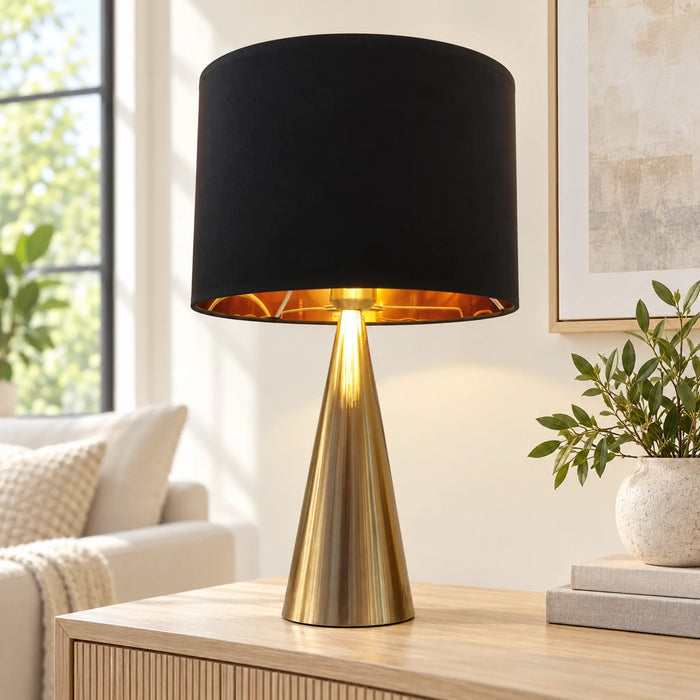 Great Dream Table Lamp Gold Cone Base Black Fabric Shade, 52 cm