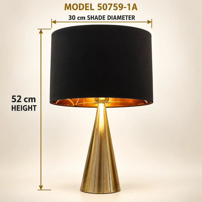 Great Dream Table Lamp Gold Cone Base Black Fabric Shade, 52 cm