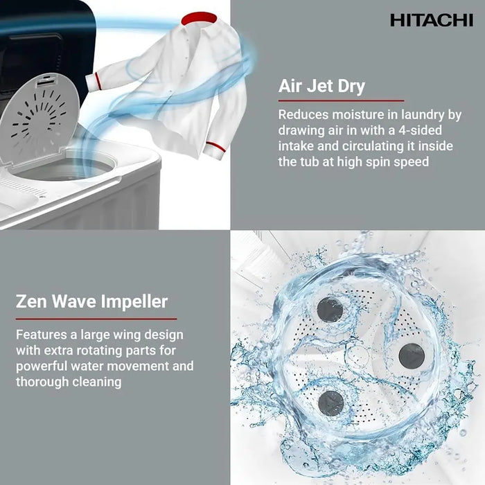 Hitachi washing machine with text explaining Air Jet Dry and Zen Wave Impeller features.