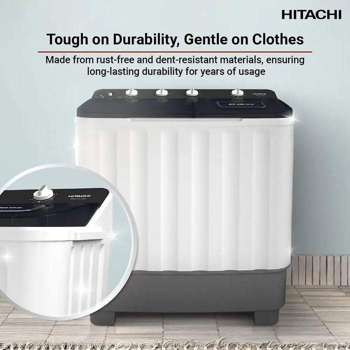 Hitachi washing machine with durability and material resistance features highlighted on a light gray background.