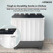 Hitachi washing machine with durability and material resistance features highlighted on a light gray background.
