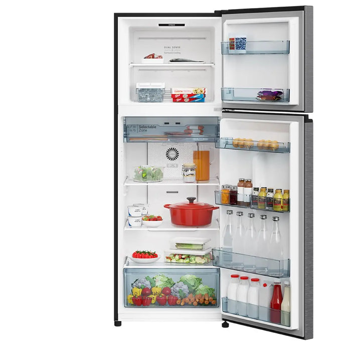 Open refrigerator with various food items on a white background