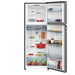 Open refrigerator with various food items on a white background