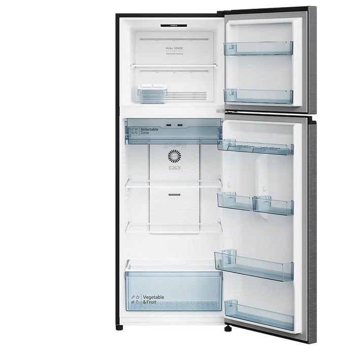 Empty refrigerator with open doors on a white background