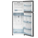 Empty refrigerator with open doors on a white background