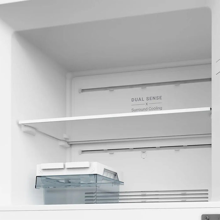 Close-up of a refrigerator with 'Dual Sense Surround Cooling' feature labeled.