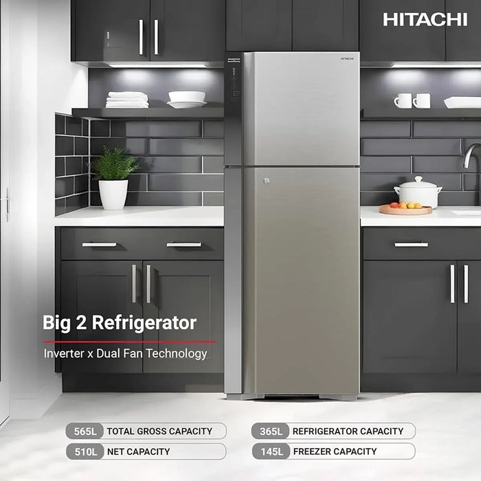 Hitachi 650L Gross Top Mount Refrigerator Net 450L | Inverter x Dual Fan Cooling | Moisture-Guard Veg Compartment | Touch Screen Control | Silver | RV655PUK0K4PSV