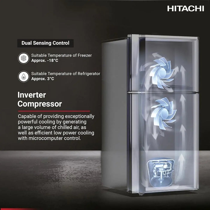 Hitachi refrigerator with dual sensing control and inverter compressor features on a dark background.