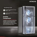 Hitachi refrigerator with dual sensing control and inverter compressor features on a dark background.