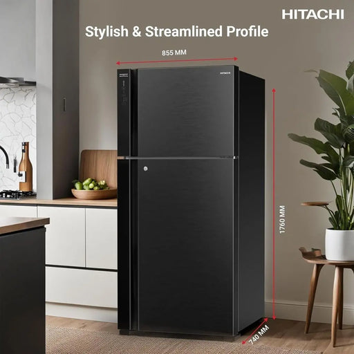 Black refrigerator with dimensions labeled in a kitchen setting, featuring the Hitachi brand.
