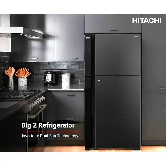 Black Hitachi refrigerator in a modern kitchen setting