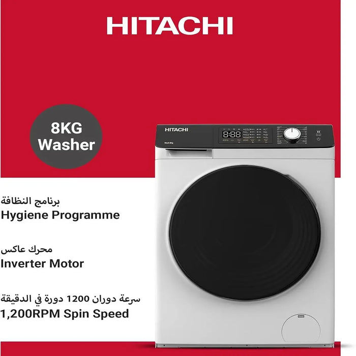 Hitachi 8KG washer with features highlighted on a red background