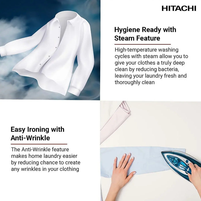 White shirt with cloud background, text about Hitachi laundry machine features, and person ironing a shirt.