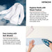 White shirt with cloud background, text about Hitachi laundry machine features, and person ironing a shirt.