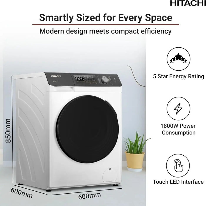 Hitachi dryer with features highlighted on a white background
