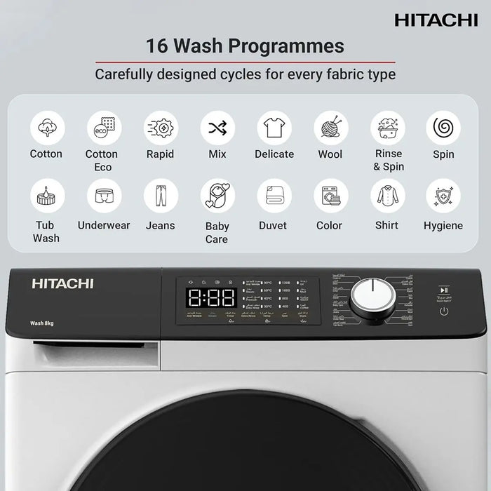 Hitachi washing machine with 16 wash programme options displayed on the control panel.