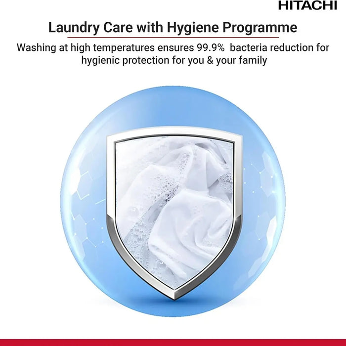 Advertisement for Hitachi laundry care with hygiene program, showing shield icon with washing clothes inside on a blue background.