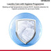 Advertisement for Hitachi laundry care with hygiene program, showing shield icon with washing clothes inside on a blue background.