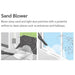 Advertisement for a sand blower with images of cleaning sand and dust from entrances and hallways.