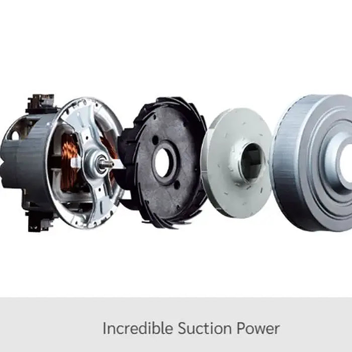 Mechanical components with 'Incredible Suction Power' text on a white background