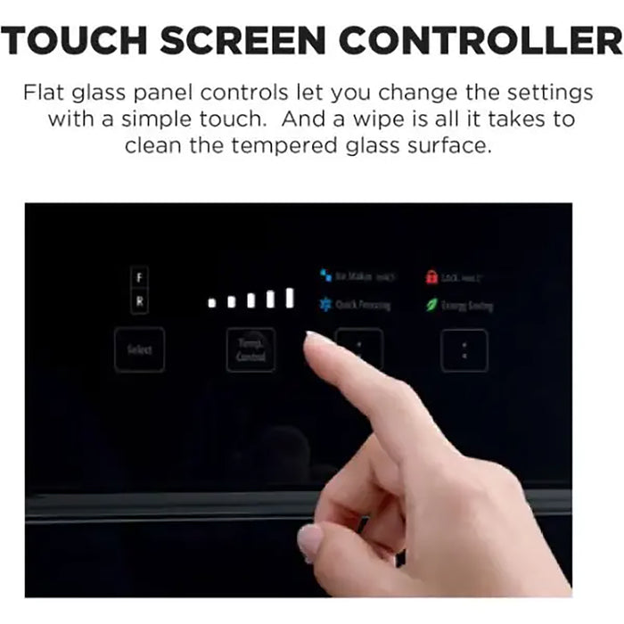 Touch screen controller with hand interacting, text about flat glass panel controls.
