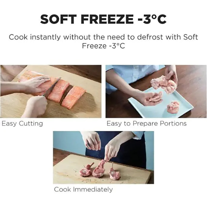 Advertisement for soft freeze at -3°C with images of cutting and preparing meat.