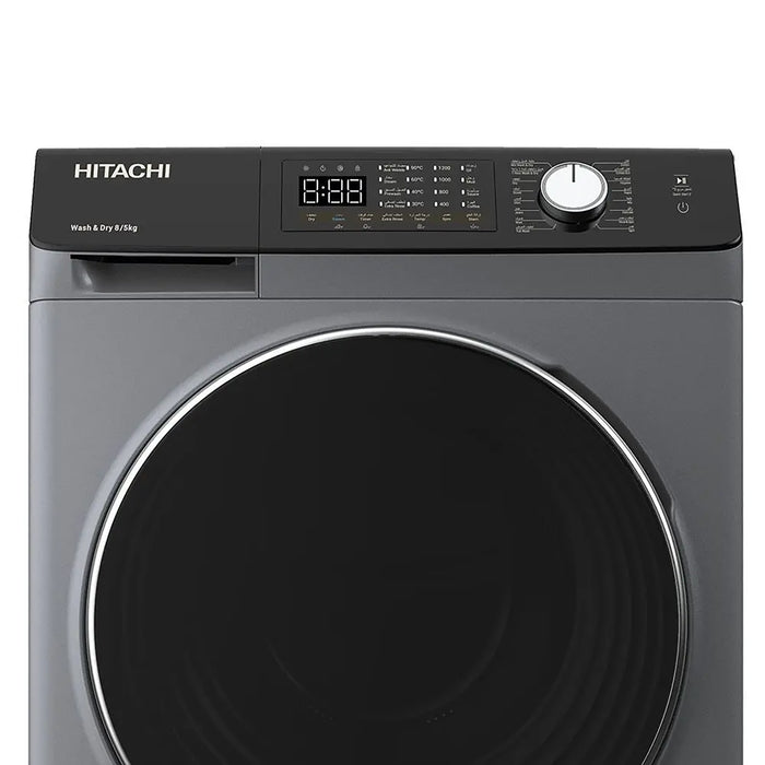 Hitachi washer with digital display and control panel on a white background