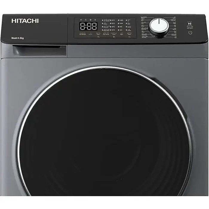 Hitachi washing machine with digital display and control panel on a white background