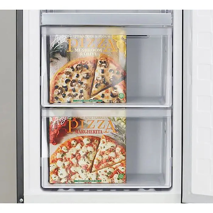 Two pizza boxes, one with a Margherita pizza and the other with a Mushroom & Olive pizza, inside a refrigerator.