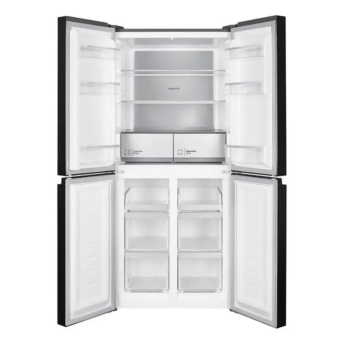 Open refrigerator with black frame on a white background