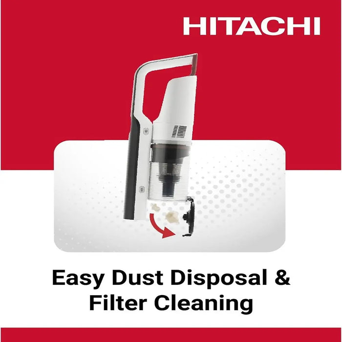 Hitachi vacuum cleaner with text on a red background