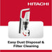 Hitachi vacuum cleaner with text on a red background