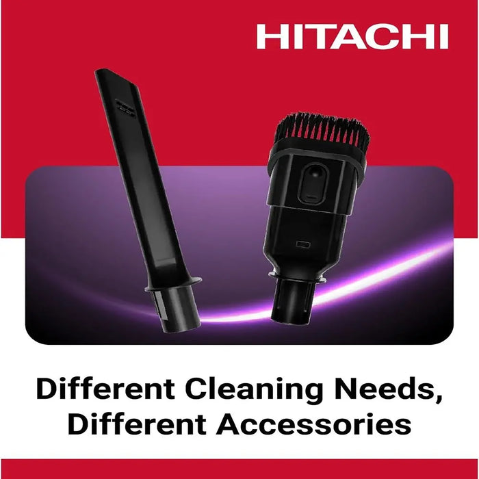 Two cleaning attachments with Hitachi branding on a red and purple background.